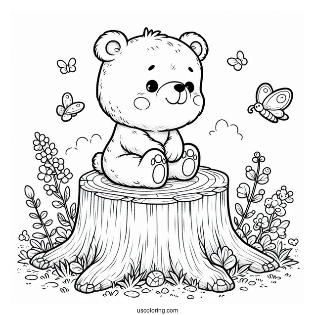 Cute Coloring Page Baby Bear Sitting On A Tree Stump