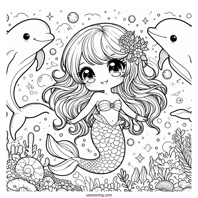 Magical Chibi Coloring Page Mermaid Swimming with Dolphins Under the Sea