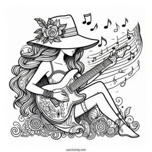 Music Coloring Page Of Woman In Hat Playing Electric Guitar