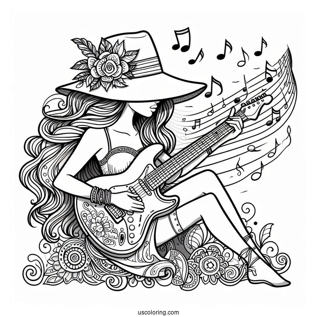 Music Coloring Page Of Woman In Hat Playing Electric Guitar