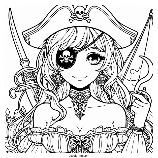 Female Pirate Coloring Page With Eyepatch, Sword, And Hook