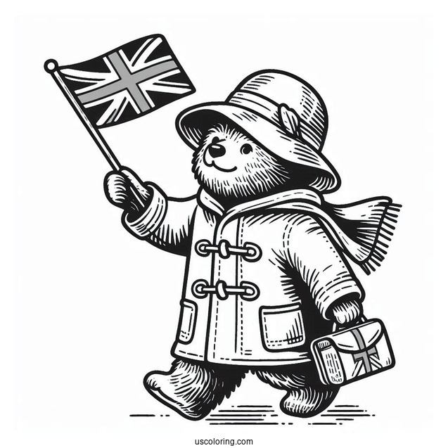 Simple Paddington Coloring Page Waving The British Flag While Walking