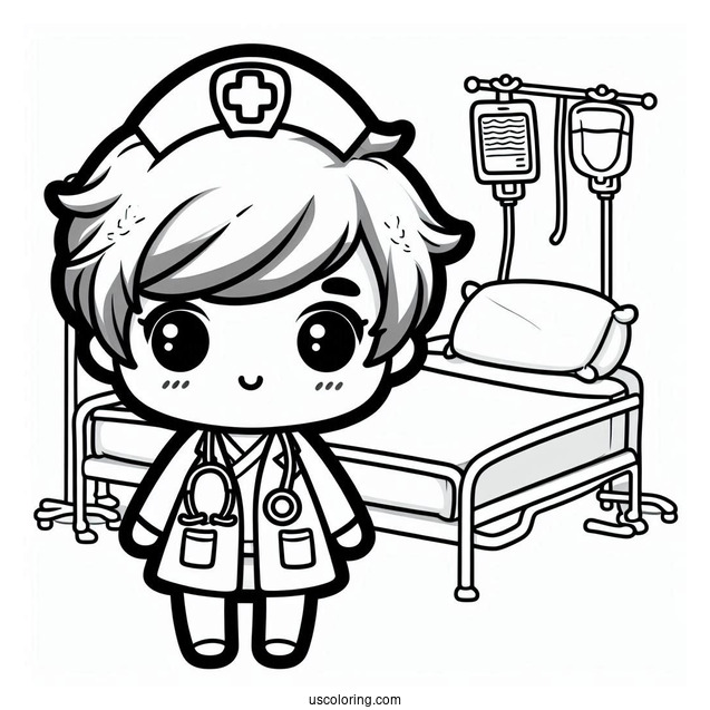 Chibi Coloring Page Nurse in a Hospital Room For Kids