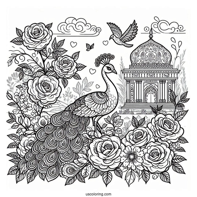 Peacock Coloring Page in Blooming Rose Garden with Architectural Details