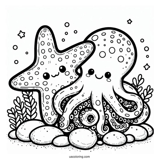 Cute Starfish Coloring Page On Rock Beside Octopus For Preschoolers