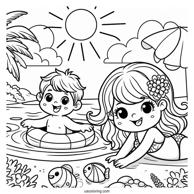Kids Swimming At The Beach Coloring Page