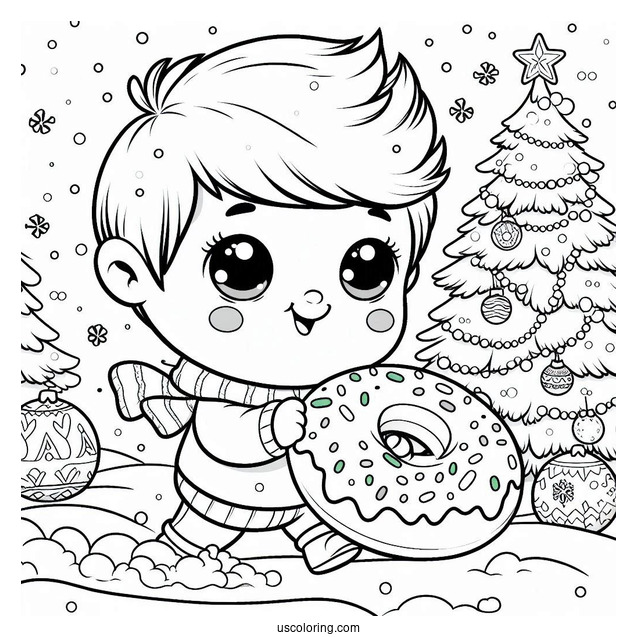 Baby Donut Coloring Page Playing In The Snow On Christmas