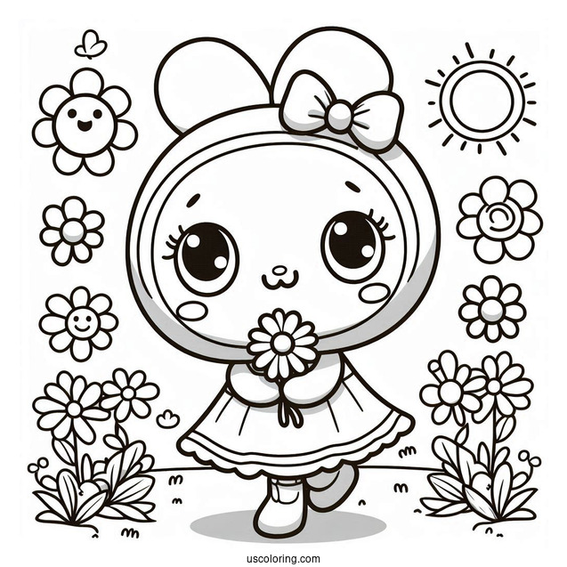 Pororo Coloring Page Of Kawaii Loopy In A Dress Holding Flower For Preschoolers