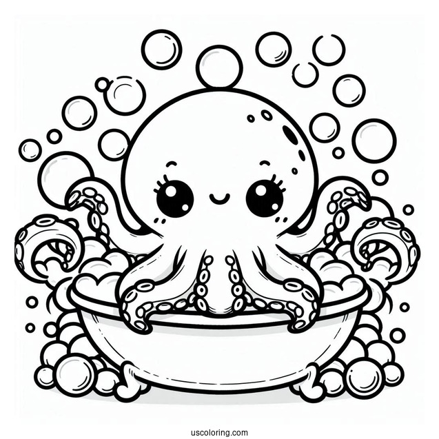 Cute Baby Octopus Coloring Page Having Bubble Bath