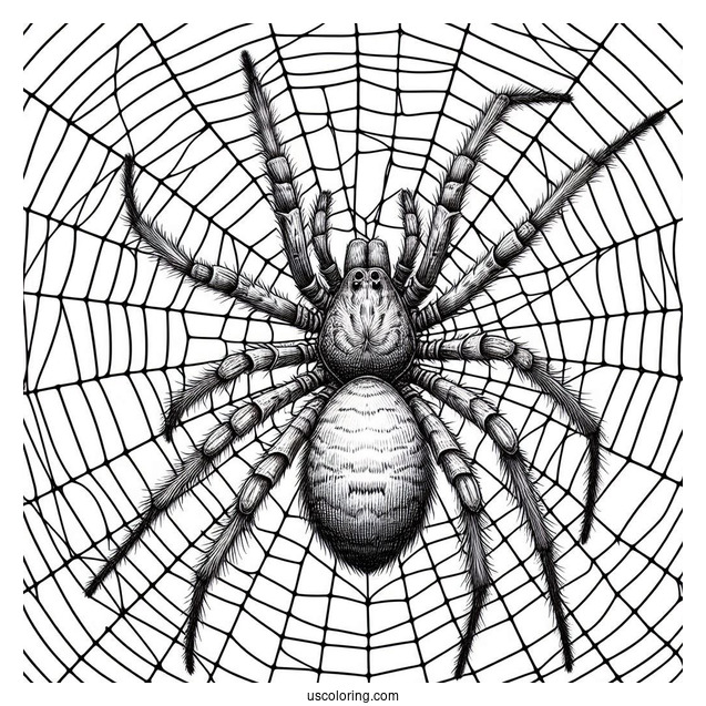 Detailed Huntsman Spider On Web To Color
