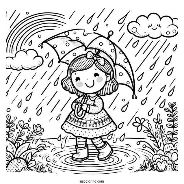Child Playing In The Rain Coloring Page