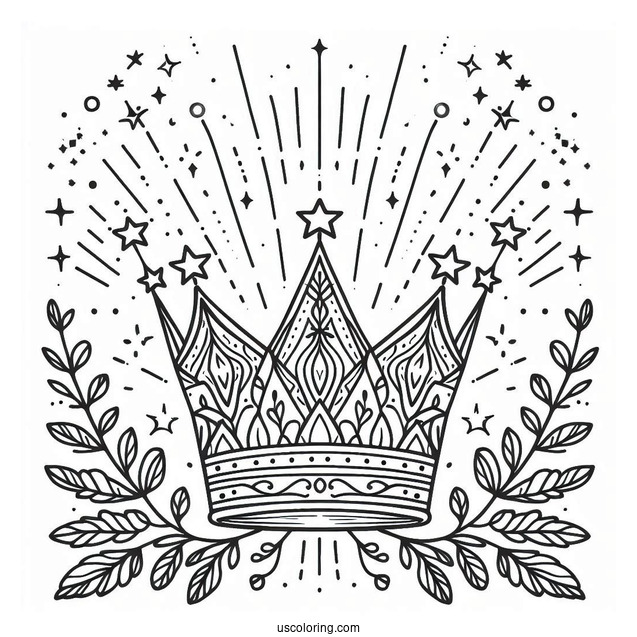 Majestic Crown Coloring Page with Stars and Light Beams