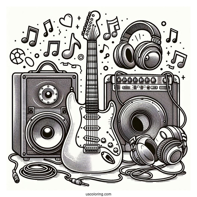 Music Coloring Page Of Electric Guitar With Speakers, Amplifiers, Headphones, And Cables