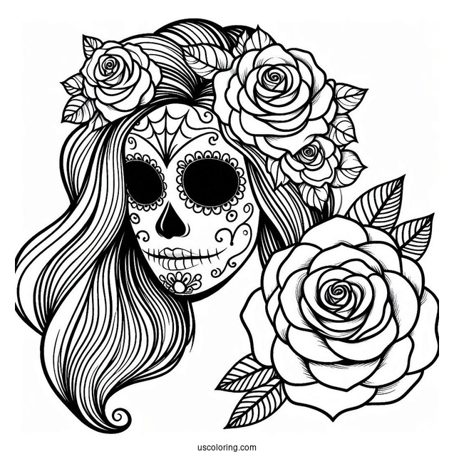 Woman With Sugar Skulls Coloring Page Face Paint And Rose Tucked Behind Her Ear