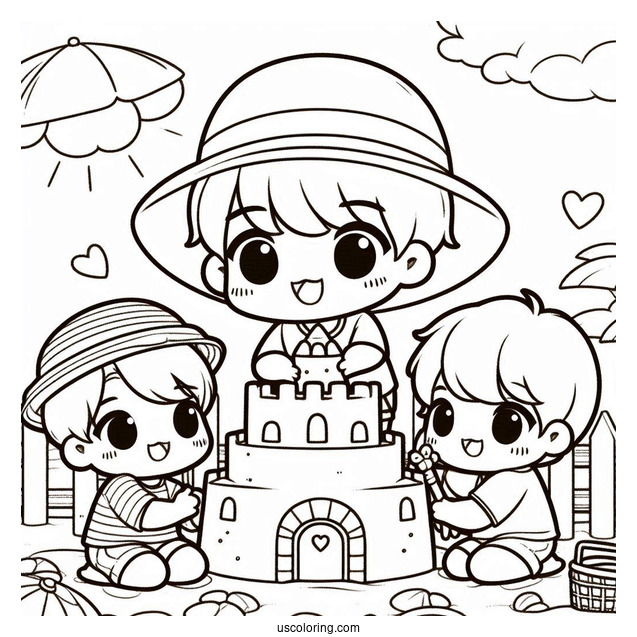 Summer Coloring Page Of Cute Chibi Children Making A Sandcastle For Kids