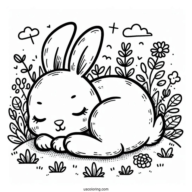 Adorable Rabbit Sleeping In Grass Patch