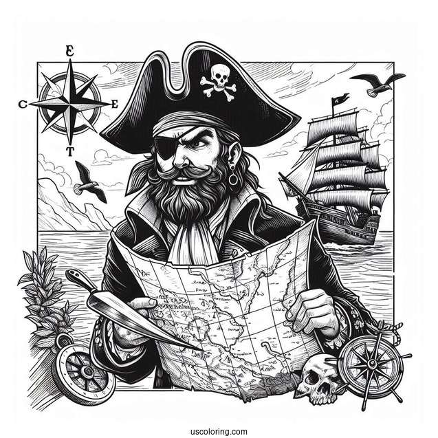 Realistic Pirate Coloring Page Map