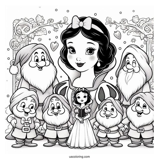 Snow With With Seven Dwarfs And Evil Queen To Color