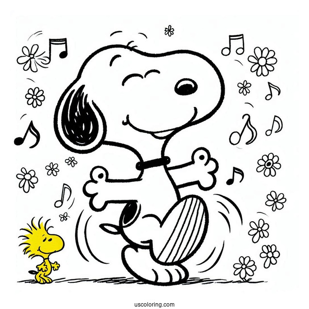 Dancing Snoopy With Woodstock To Color