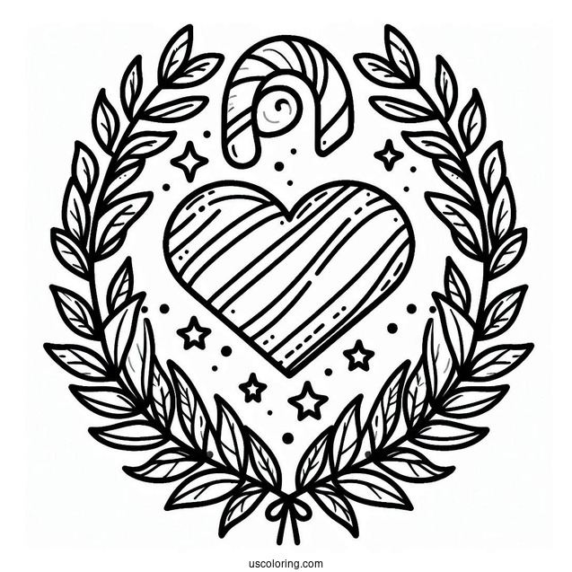 Love Heart Candy Cane Coloring Page With Laurels And Stars