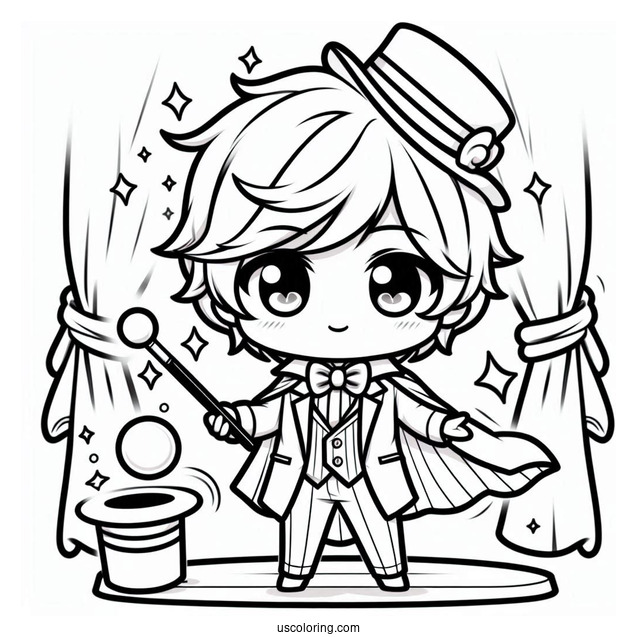 Chibi Coloring Page Stage Magician Wowing the Crowd with Magic Tricks
