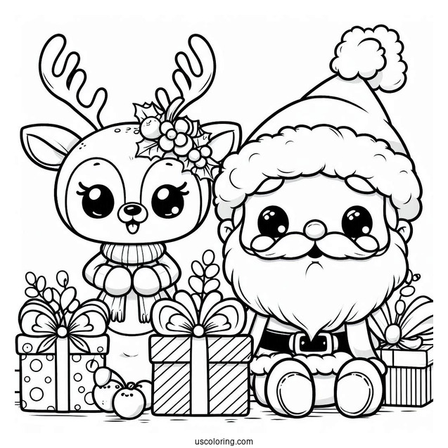 Cute Santa And Rudolph With Presents Coloring Page