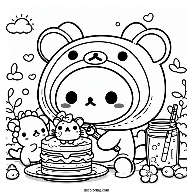 Rilakkuma Coloring Page Of Cat Costume Eating Fish Cakes For Kids