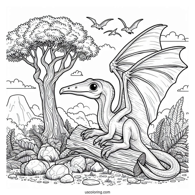 Pterodactyl Coloring Page Resting Beside Tree