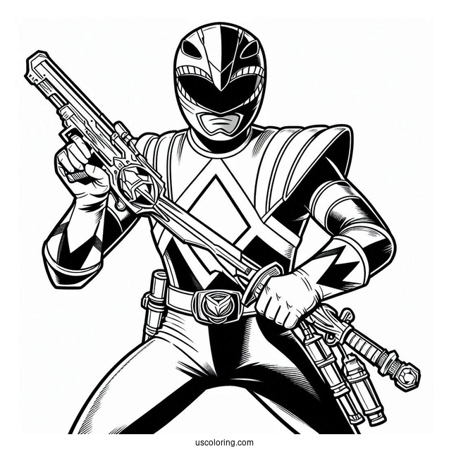 Power Ranger Holding Gun And Sword Coloring Sheet