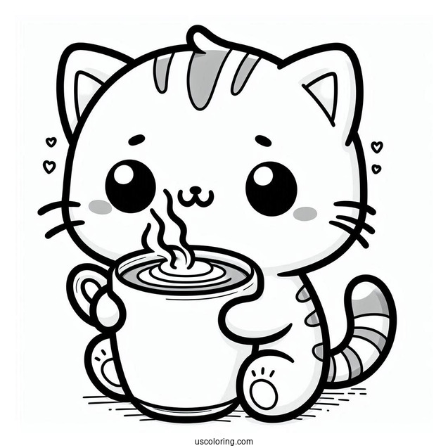 Kawaii Kitten Holding A Steaming Cup Of Coffee Coloring Page