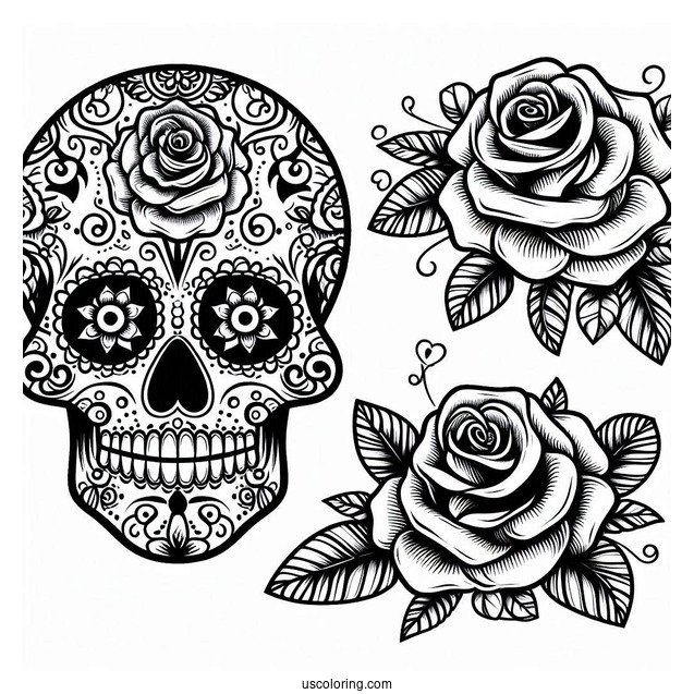 Easy Sugar Skulls Coloring Page With Roses For Kids