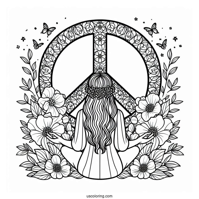 Peace Coloring Page Word And Symbol With Woman And Flowers