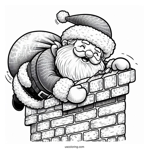 Santa Claus Squeezing Into Brick Chimney To Color