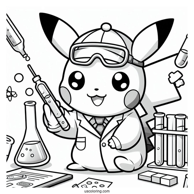 Science Coloring Page Of Scientist Pikachu Holding Up A Test Tube For Kids