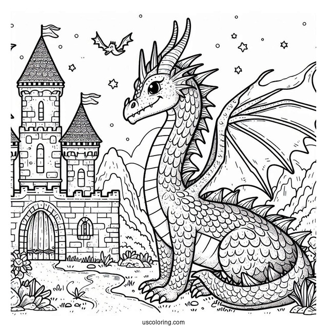 Coloring Sheet Of Dragon Next To Castle For Preschoolers