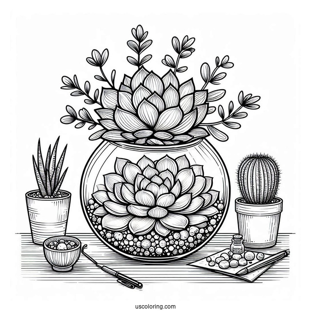 Elegant Succulent Coloring Page Glass Terrarium