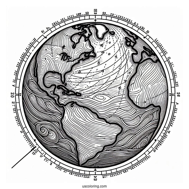 The Earth With Longitude And Latitude Lines Coloring Page
