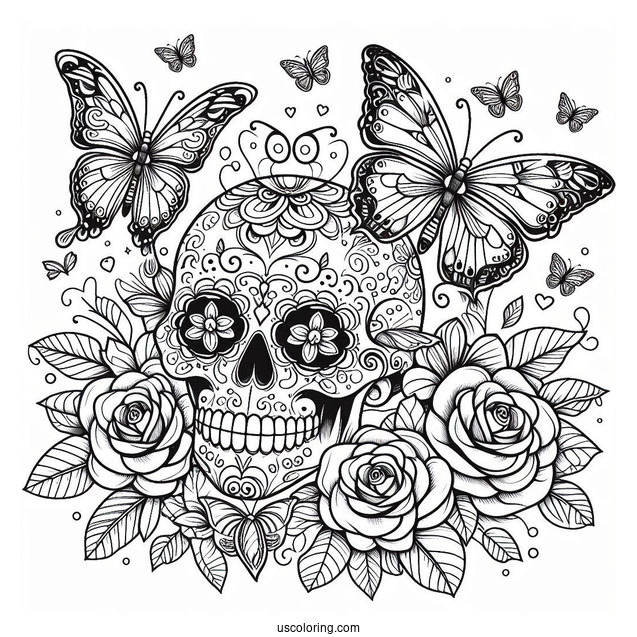 Angled View Of Sugar Skull Coloring Page With Butterflies And Plenty Of Roses
