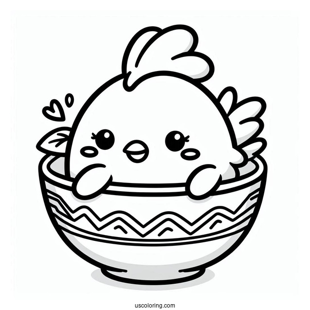 Cute Kawaii Chicken In Bowl To Color