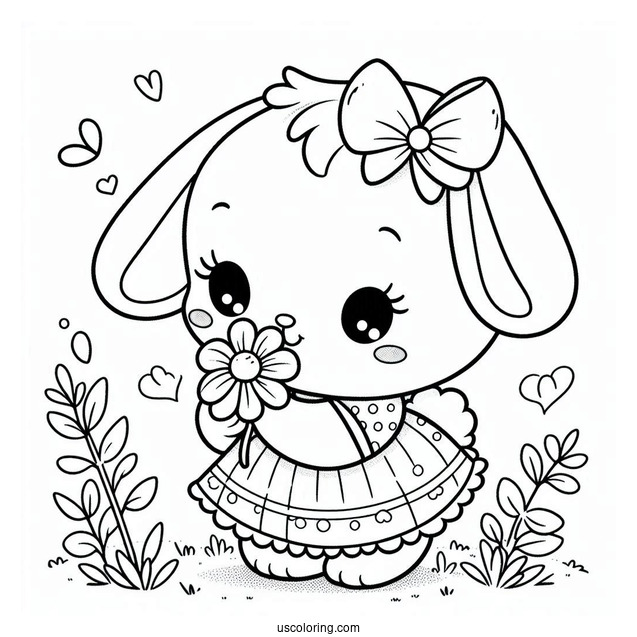 Simple Easter Coloring Page Of Bunny In A Dress Sniffing A Flower For Preschoolers