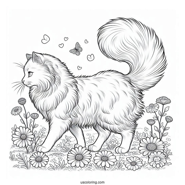 Siberian Cat Walking On Flower Field Coloring In