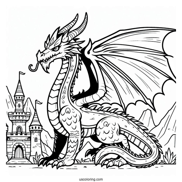 Fierce Looking Dragon Next To Castle