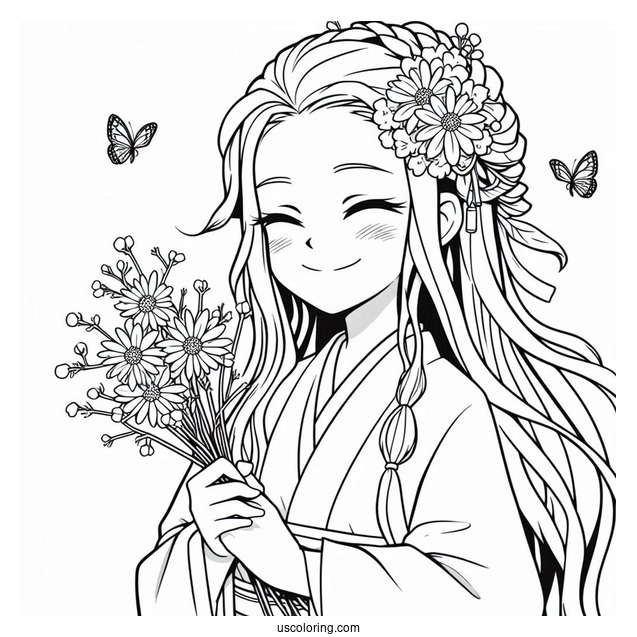 Nezuko Coloring Page Smiling And Holding Wildflowers