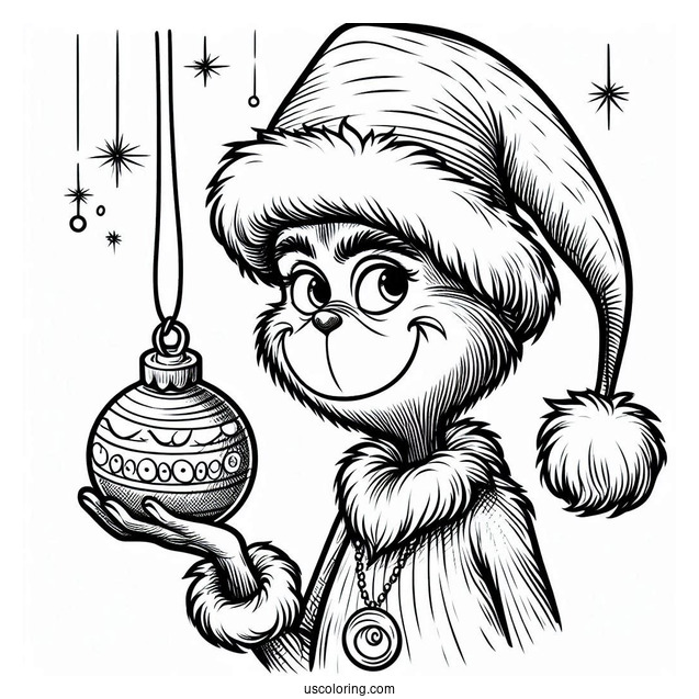 Grinch Holding Bauble Christmas Ornaments Coloring Page For Kids