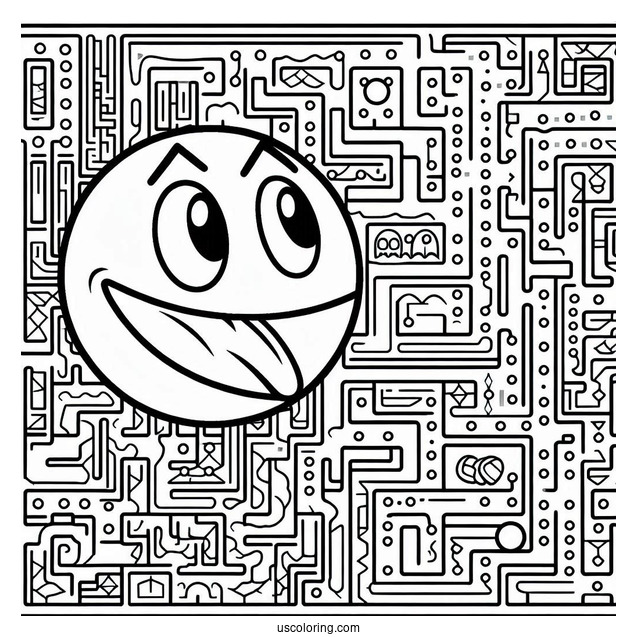 Smirking Pac-Man Coloring Page With Maze In Background