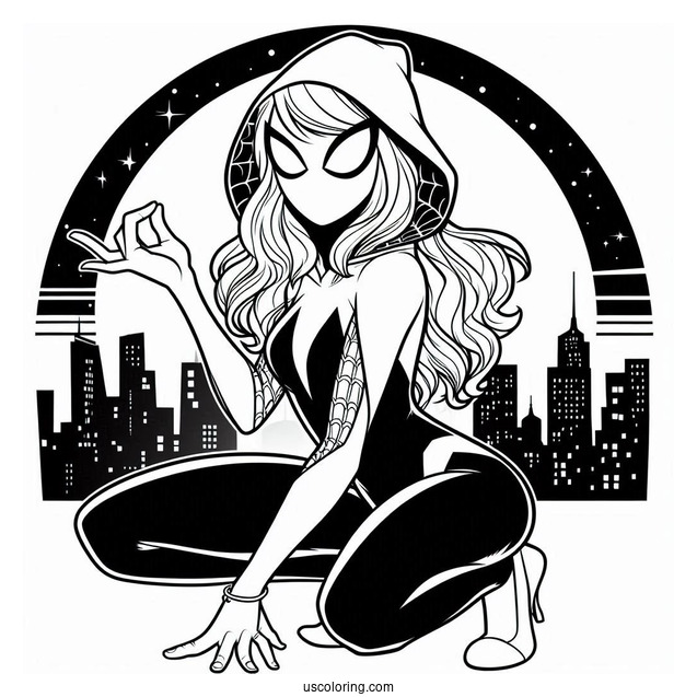 Easy Outline Of Spider-Gwen Coloring Page At Night For Preschoolers
