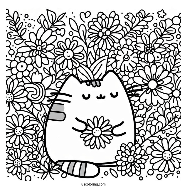 Floral Themed Pusheen Coloring Page For Adults