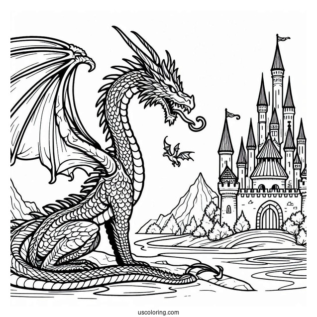 Fierce Looking Dragon Next To Castle