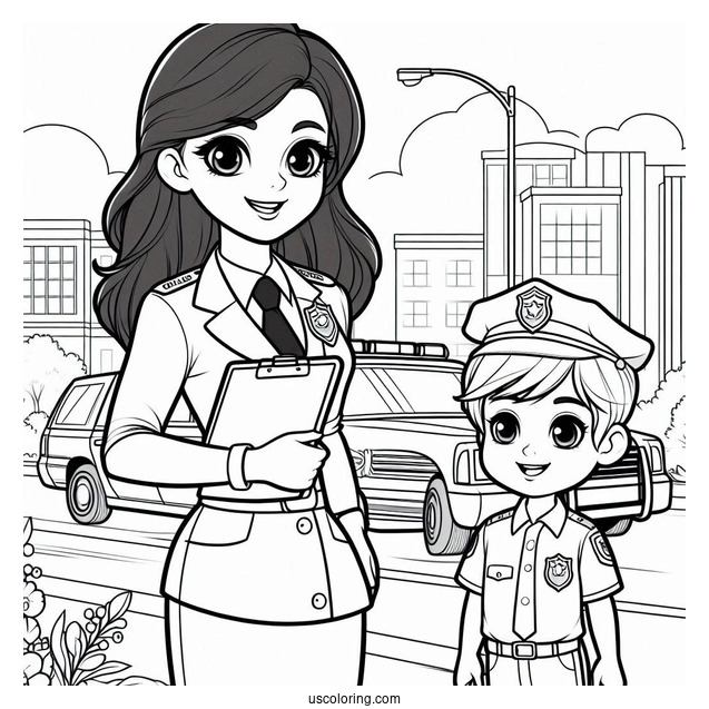 Office Standing Outside Police Car Coloring Page Speaking To Children