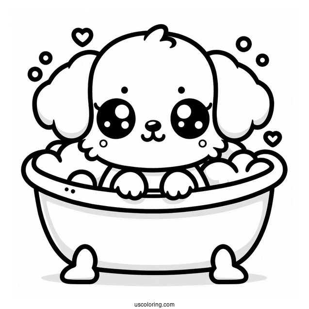 Kawaii Puppy In A Bathtub Coloring Sheet